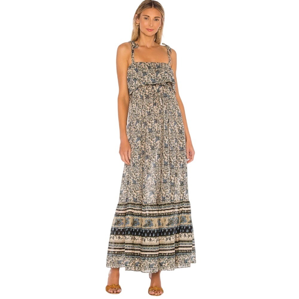 Free People Tangier Babydoll Maxi Dress Neutral Combo Boho Floral Large L Cottag